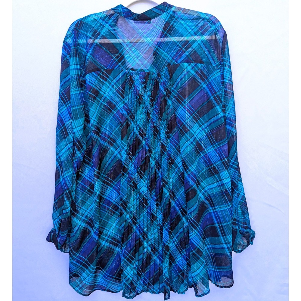 Catherines Plus 2x 22/24 Sheer ButtonUp Shirt Blouse Green Blue Teal Plaid Tunic - Picture 4 of 6